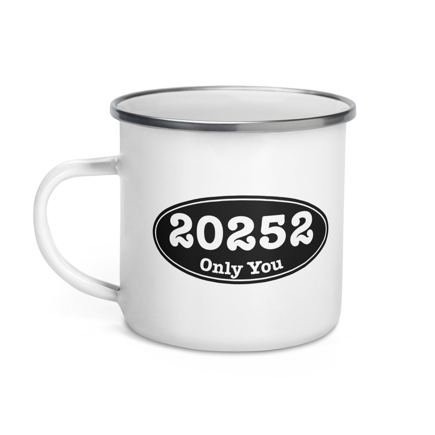 White Enamel 12 oz. Mug - 20252 Black and White Oval